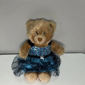 Build-A-Bear Workshop Tan Bear With blue sequin Dress/Tutu and extra outfit